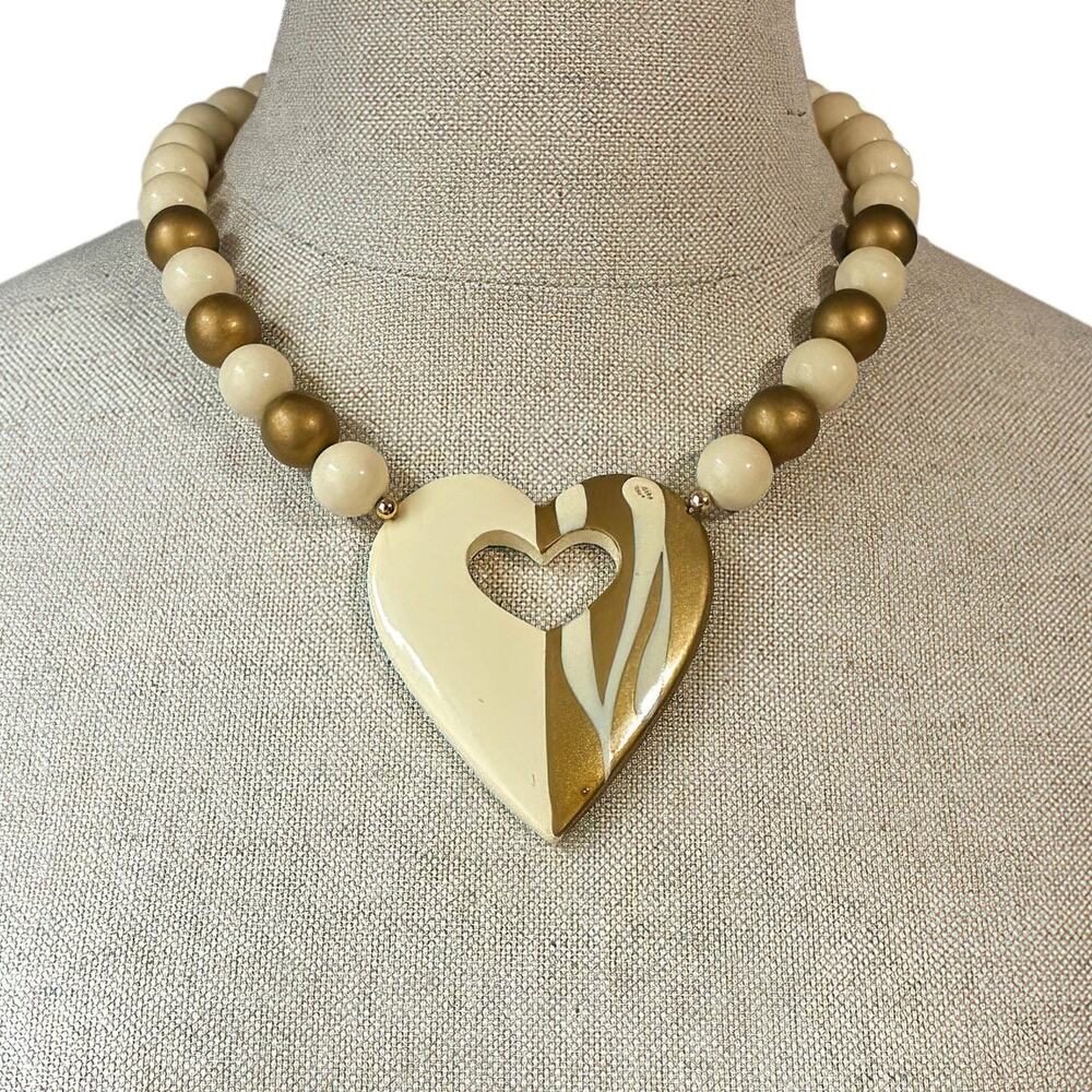 Gold Heart Statement Necklace, Cream Bead Chunky Jewelry, Gift for Her